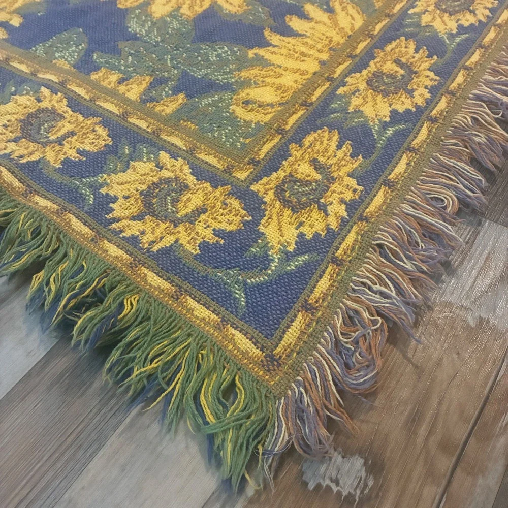Vintage Woven Sunflower Tapestry Throw Blanket Fringed Boho Navy Gold Floral
